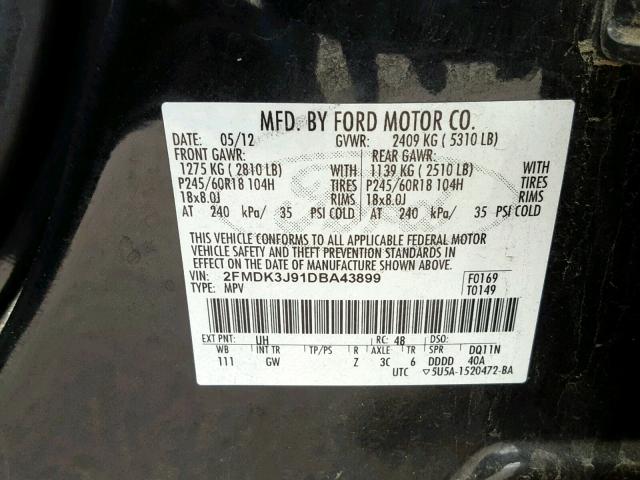 2FMDK3J91DBA43899 - 2013 FORD EDGE SEL BLACK photo 10