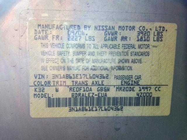 3N1AB61E17L604362 - 2007 NISSAN SENTRA 2.0 GREEN photo 10