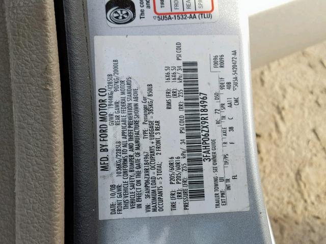 3FAHP06ZX9R184967 - 2009 FORD FUSION S SILVER photo 10