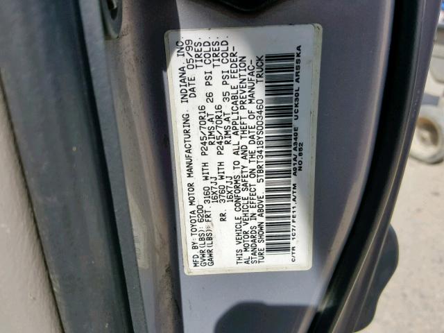 5TBRT3418YS003460 - 2000 TOYOTA TUNDRA ACC SILVER photo 10