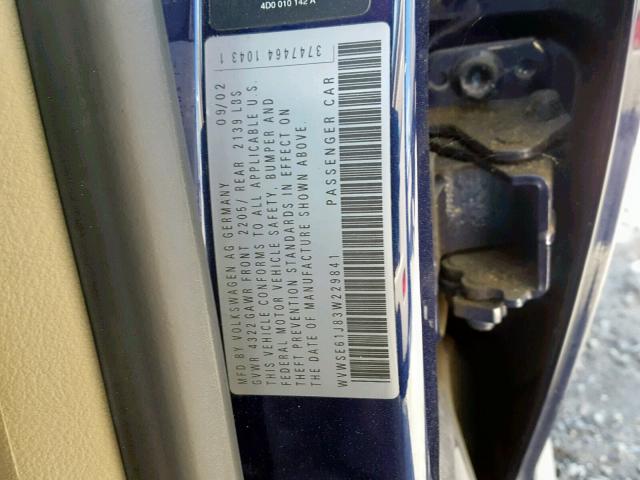 WVWSE61J83W229841 - 2003 VOLKSWAGEN JETTA GLS BLUE photo 10