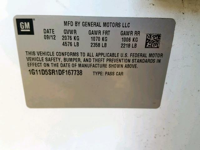 1G11D5SR1DF167738 - 2013 CHEVROLET MALIBU 1LT თეთრი ფოტო 10