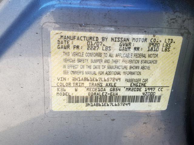 3N1AB61E67L657249 - 2007 NISSAN SENTRA 2.0 SILVER photo 10