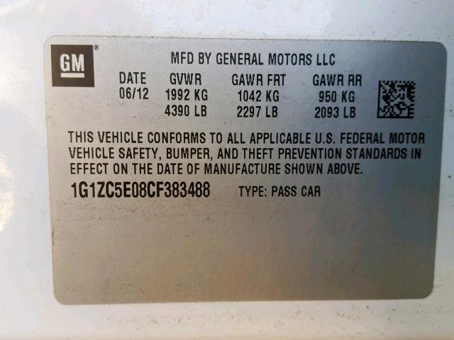 1G1ZC5E08CF383488 - 2012 CHEVROLET MALIBU 1LT 白色 照片 10