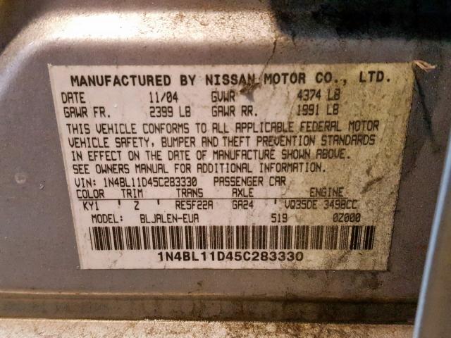 1N4BL11D45C283330 - 2005 NISSAN ALTIMA SE SILVER photo 10