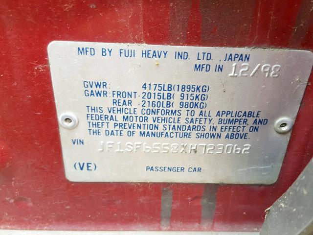 JF1SF6558XH723062 - 1999 SUBARU FORESTER S RED photo 10