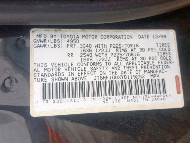 JT6HF10UXY0119252 - 2000 LEXUS RX 300 BLACK photo 10