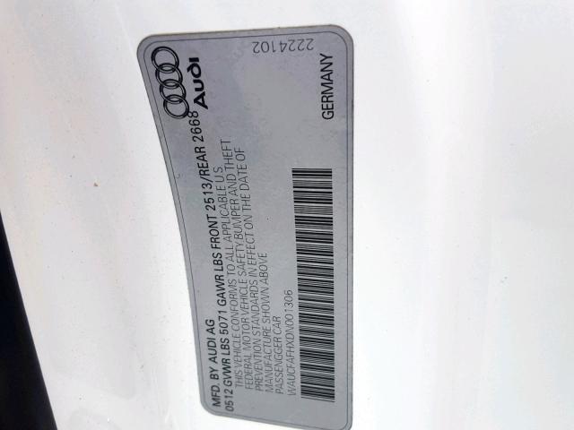 WAUCFAFHXDN001306 - 2013 AUDI A5 PREMIUM WHITE photo 10