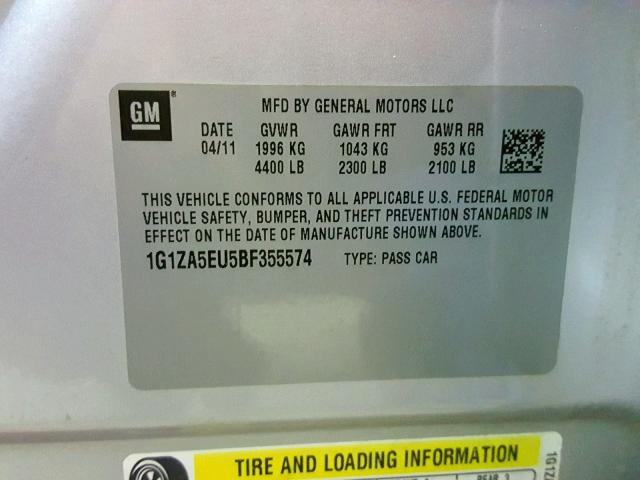 1G1ZA5EU5BF355574 - 2011 CHEVROLET MALIBU LS SILVER photo 10