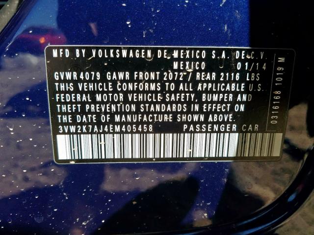 3VW2K7AJ4EM405458 - 2014 VOLKSWAGEN JETTA BASE  照片 10