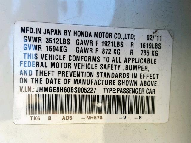 JHMGE8H60BS005227 - 2011 HONDA FIT SPORT WHITE photo 10