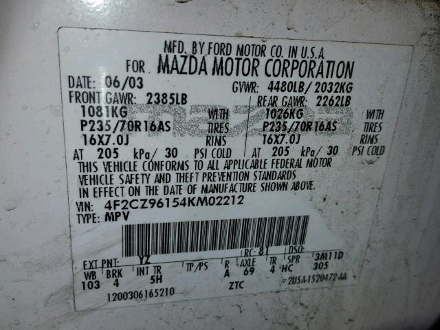 4F2CZ96154KM02212 - 2004 MAZDA TRIBUTE ES 白色 照片 10