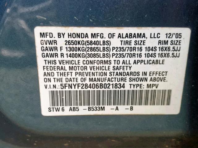 5FNYF28406B021834 - 2006 HONDA PILOT EX BLUE photo 10