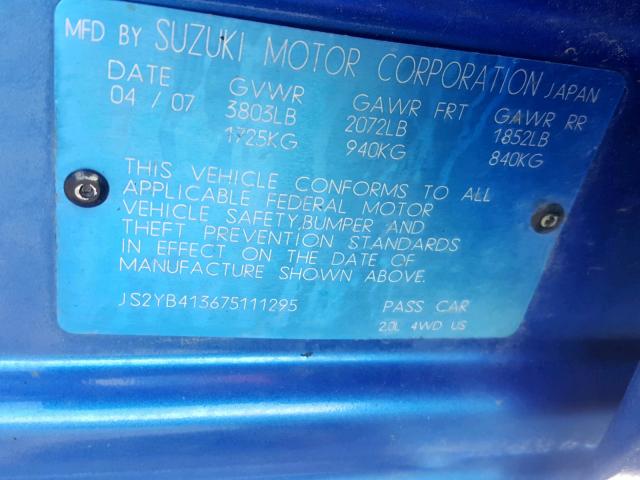 JS2YB413675111295 - 2007 SUZUKI SX4 BLUE photo 10