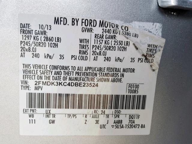 2FMDK3KC4DBE23524 - 2013 FORD EDGE LIMIT SILVER photo 10