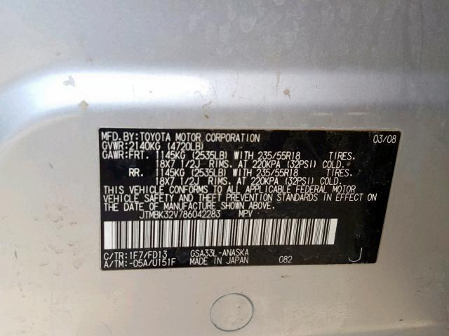 JTMBK32V786042283 - 2008 TOYOTA RAV4 SPORT SILVER photo 10