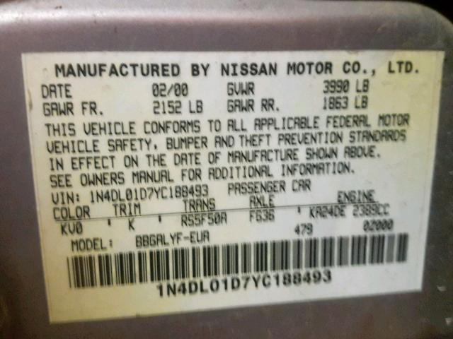 1N4DL01D7YC188493 - 2000 NISSAN ALTIMA XE SILVER photo 10