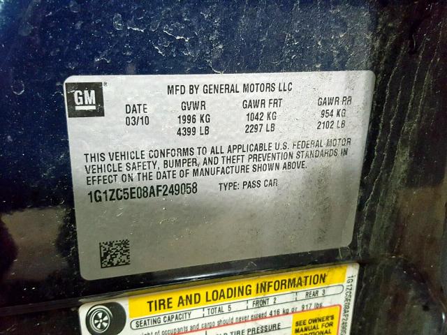 1G1ZC5E08AF249058 - 2010 CHEVROLET MALIBU 1LT 蓝色 照片 10