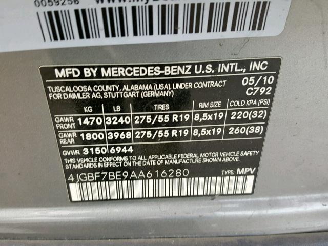 4JGBF7BE9AA616280 - 2010 MERCEDES-BENZ GL 450 4MA SILVER photo 10