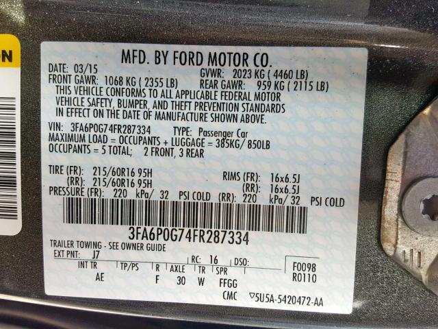 3FA6P0G74FR287334 - 2015 FORD FUSION S CHARCOAL photo 10