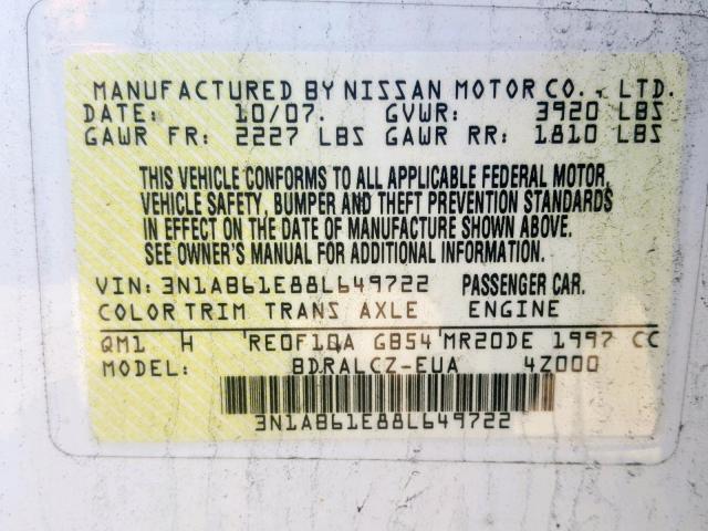 3N1AB61E88L649722 - 2008 NISSAN SENTRA 2.0 WHITE photo 10