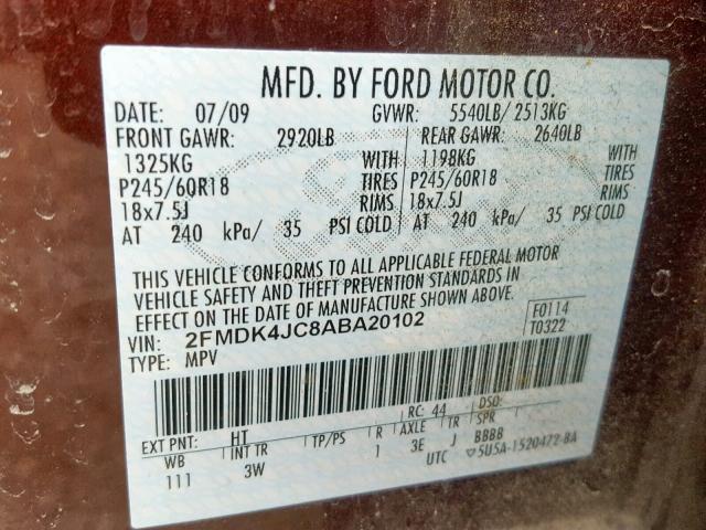 2FMDK4JC8ABA20102 - 2010 FORD EDGE SEL BROWN photo 10