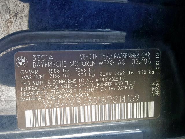 WBAVB33516PS14159 - 2006 BMW 330 I BLUE photo 10