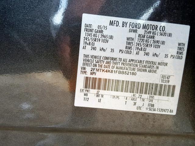 2FMTK4K81FBB52180 - 2015 FORD EDGE TITAN GRAY photo 10