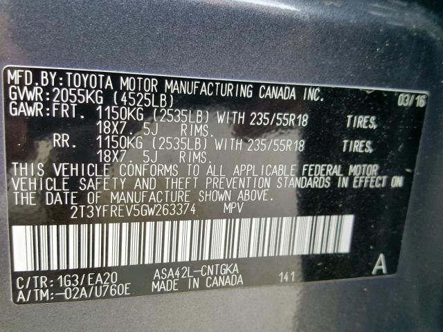 2T3YFREV5GW263374 - 2016 TOYOTA RAV4 LIMIT GRAY photo 10