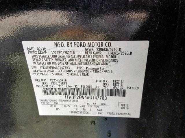 1FAHP2EW4AG147783 - 2010 FORD TAURUS SEL BEIGE photo 10