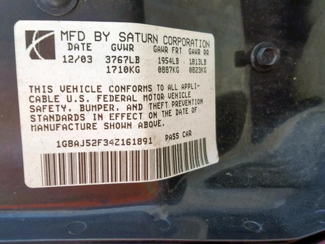 1G8AJ52F34Z161891 - 2004 SATURN ION LEVEL RED photo 10