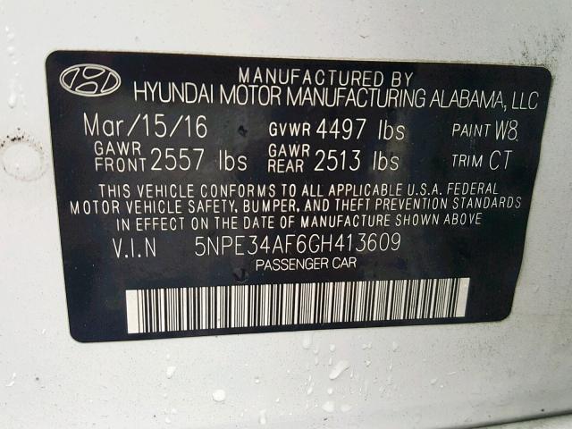 5NPE34AF6GH413609 - 2016 HYUNDAI SONATA SPO WHITE photo 10