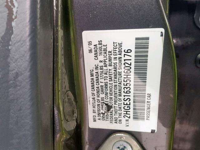 2HGES16355H602176 - 2005 HONDA CIVIC DX V GRAY photo 10