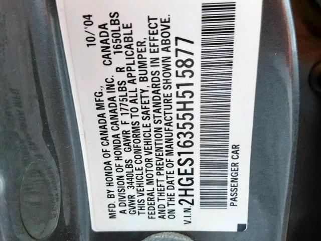 2HGES16355H515877 - 2005 HONDA CIVIC DX V GRAY photo 10