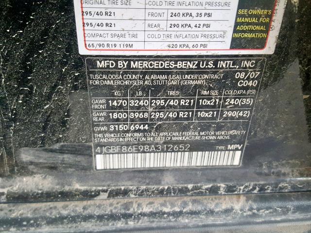 4JGBF86E98A312652 - 2008 MERCEDES-BENZ GL 550 4MA BLACK photo 10