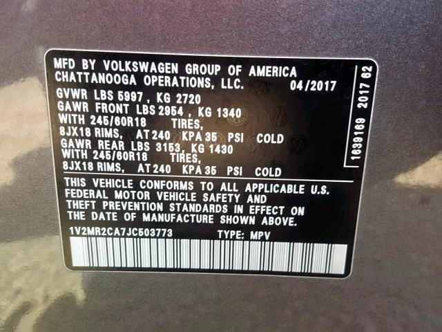 1V2MR2CA7JC503773 - 2018 VOLKSWAGEN ATLAS SEL Grafit foto 10