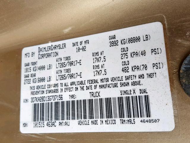 3D7KA28D13G737156 - 2003 DODGE RAM 2500 S ოქროსფერი ფოტო 10