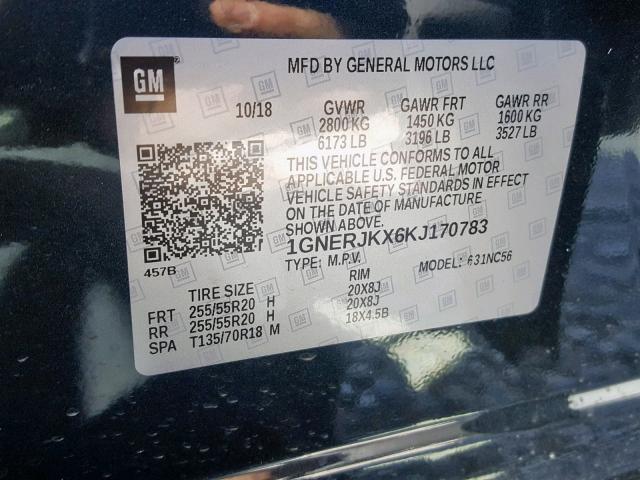 1GNERJKX6KJ170783 - 2019 CHEVROLET TRAVERSE R GRAY photo 10