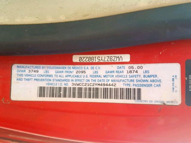 3VWCC21C2YM494442 - 2000 VOLKSWAGEN NEW BEETLE Qırmızı foto 10
