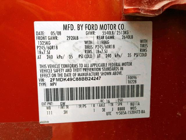 2FMDK49C88BB24247 - 2008 FORD EDGE LIMIT ORANGE photo 10