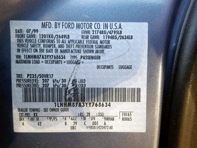 1LNHM87A3YY768634 - 2000 LINCOLN LS BLUE photo 10