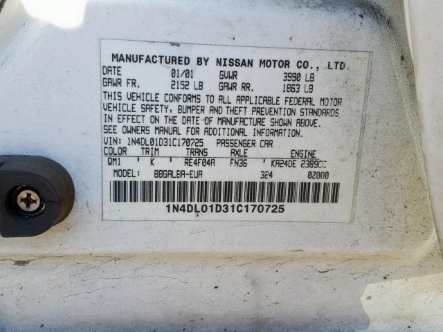 1N4DL01D31C170725 - 2001 NISSAN ALTIMA XE WHITE photo 10