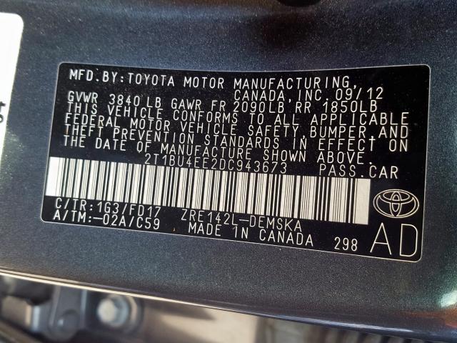 2T1BU4EE2DC943673 - 2013 TOYOTA COROLLA BASE  photo 10