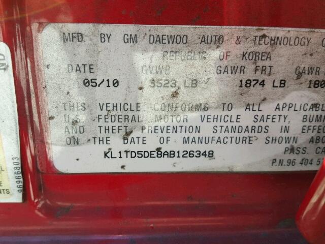 KL1TD5DE8AB126348 - 2010 CHEVROLET AVEO LS RED photo 10