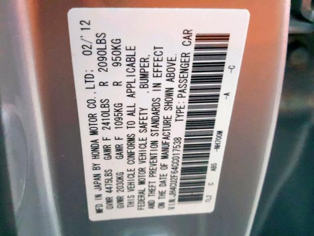 JH4CU2F64CC017538 - 2012 ACURA TSX TECH SILVER photo 10