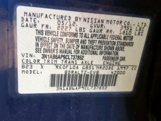 3N1AB6AP9CL737852 - 2012 NISSAN SENTRA 2.0 BLUE photo 10