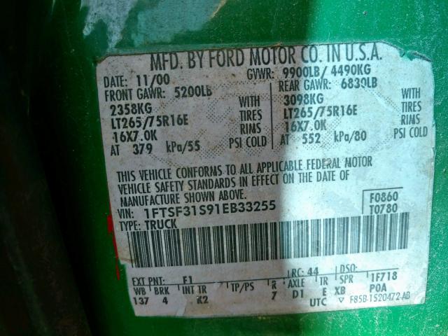 1FTSF31S91EB33255 - 2001 FORD F350 SRW S GREEN photo 10