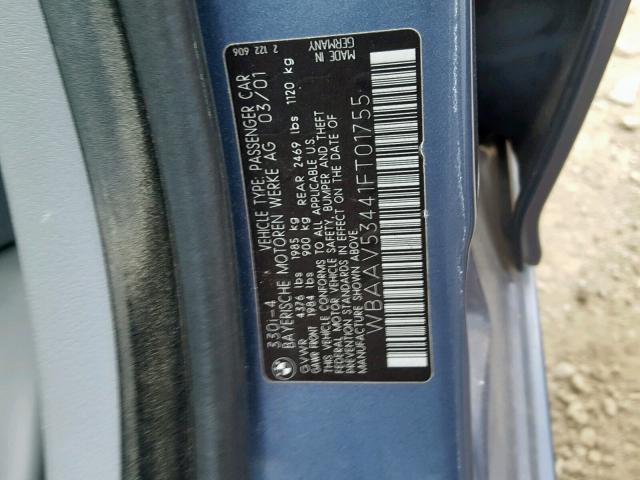 WBAAV53441FT01755 - 2001 BMW 330 I BLUE photo 10