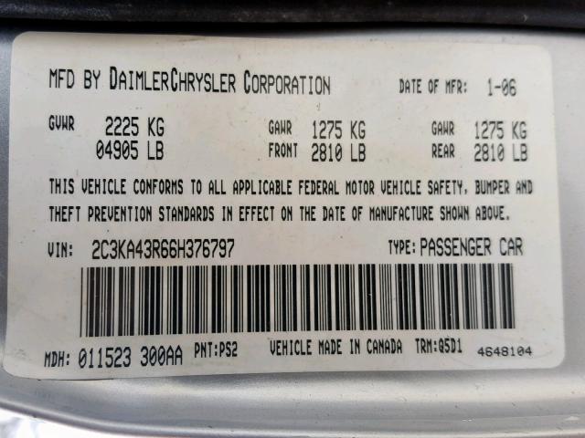 2C3KA43R66H376797 - 2006 CHRYSLER 300 SILVER photo 10