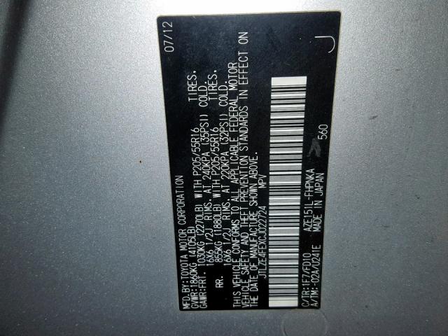 JTLZE4FEXCJ022724 - 2012 TOYOTA SCION XB SILVER photo 10